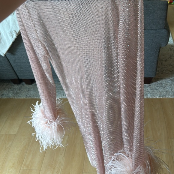 CUSTOM Mesh Rhinestone Dress Feathers Mini Dress in Pink - Picture 6 of 6